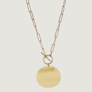 Bold Gold Hammered Coin Pendant Toggle Paperclip Chain Necklace Modernist